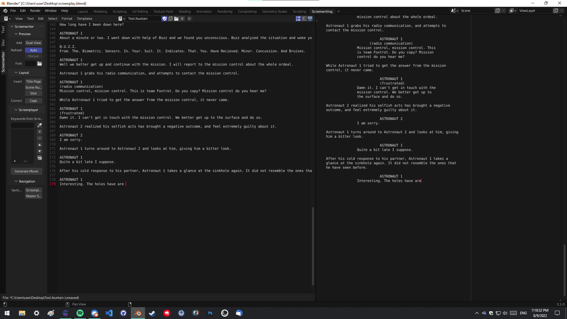 Screenshot of writing the script